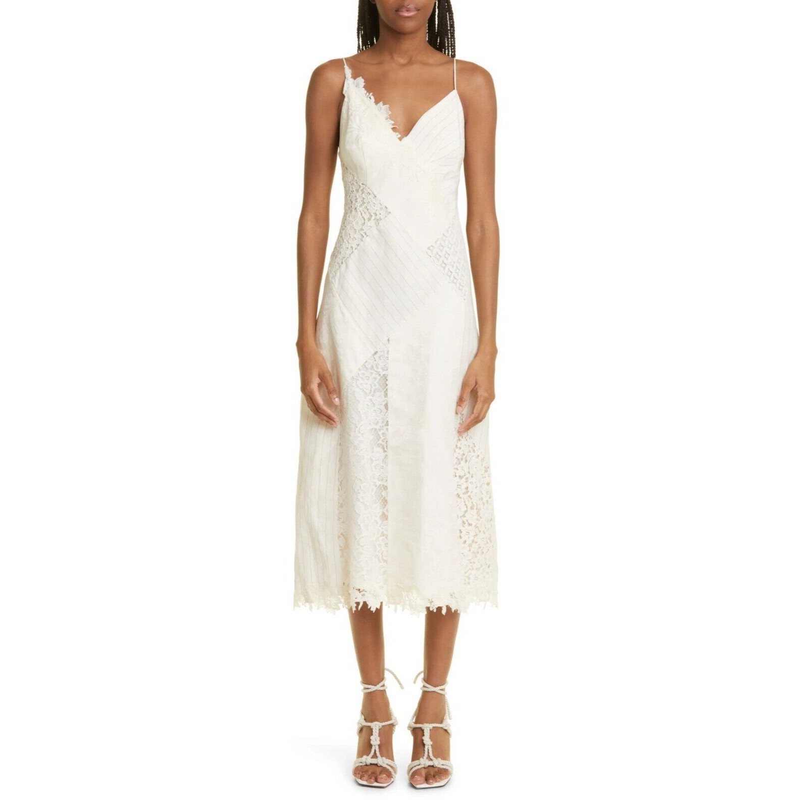 Zimmermann Luminosity Patch Lace Linen & Silk Midi Slip Dress Size 4 / Us 12
